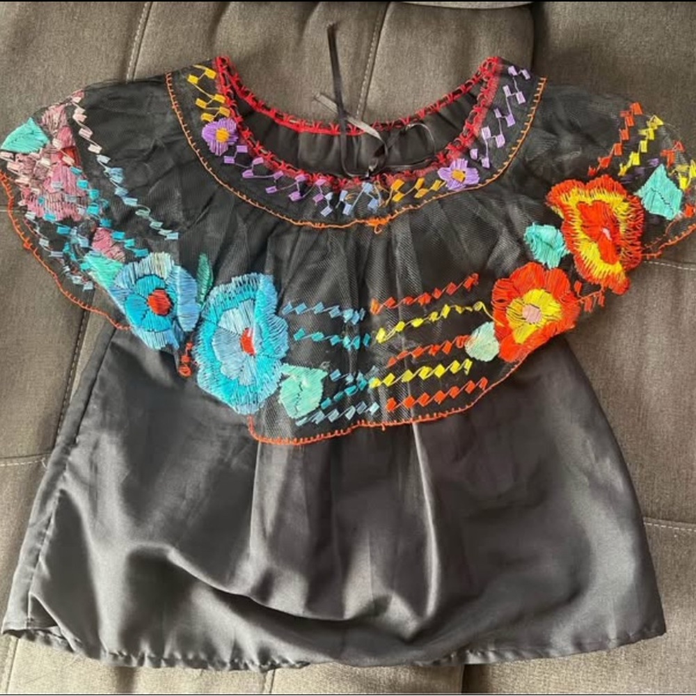 Fiesta or Folklorico Embroidered Black Floral Women's Top